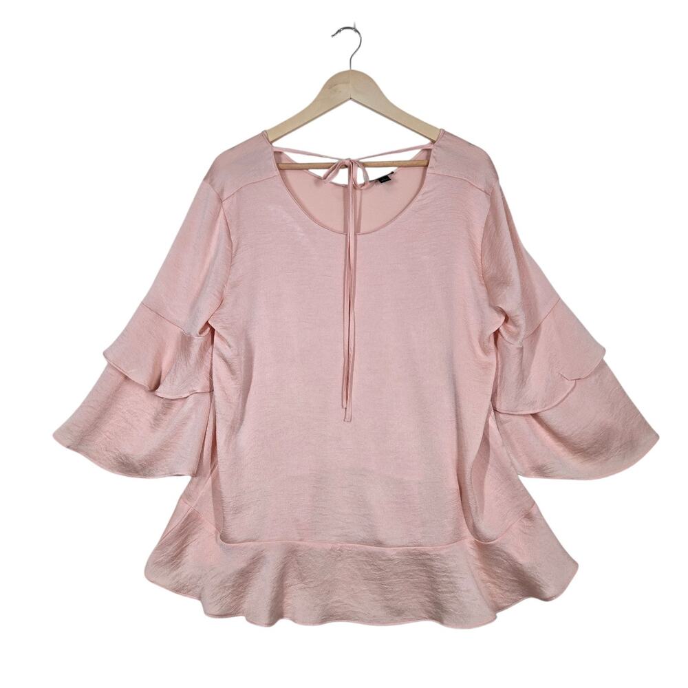 Ann Taylor Top sz L Peach Shimmer Ruffle Sleeve Peplum Hem Feminine Fairy Boho